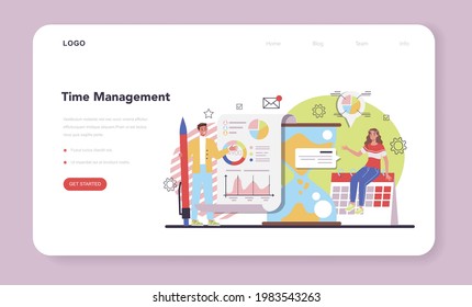 Banner web o página de inicio de la gestión del tiempo. Tiempo de trabajo o planificación de proyectos de los empresarios. Idea de calendario y organización. Optimización productiva de día y trabajo. Ilustración vectorial plana aislada