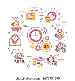 Banner web de administración de tiempo. Planificación y control del tiempo de trabajo y personal. Infografía con iconos lineales sobre fondo rosado. Ilustración de color de contorno aislada.
