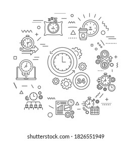 Time management web banner. Planning and control of working and personal time. Infographics with linear icons on pink background. Isolated outline black illustration.