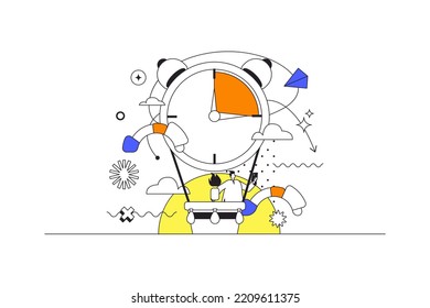 Time management web concept in flat outline design with character. Man keeps track of time to complete tasks and marks dates, clock countdown, job productivity, people scene. Vector illustration.