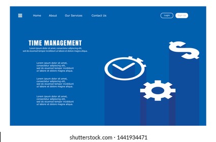 time management web page, on blue background icons dollar, gear, alarm clock, organizations concept. Flat Vector Illustration