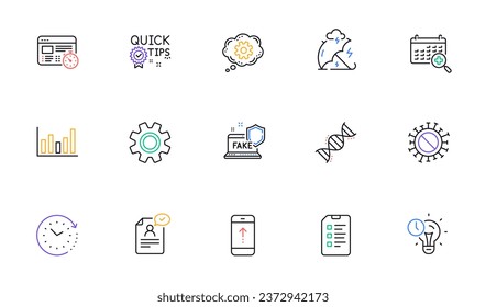 Time management, Web timer and Medical calendar line icons for website, printing. Collection of Coronavirus, Checklist, Fake internet icons. Swipe up, Quick tips, Service web elements. Vector