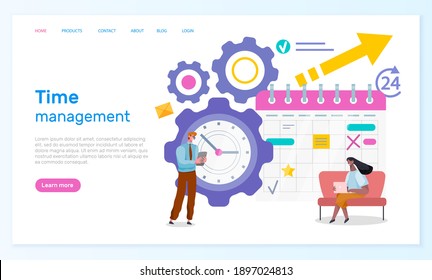 Time management webpage template. Group of businessmen working near big clock and schedule calendar illustration, main stages of development. Successful administration business concept landing page