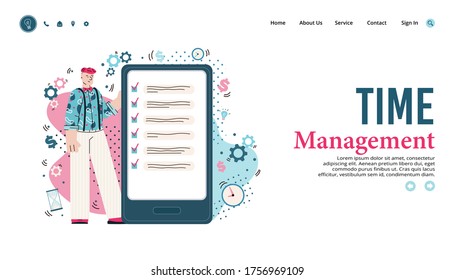 Time management website banner with man using business to do list app on giant smartphone. Productivity service homepage template, vector illustration.
