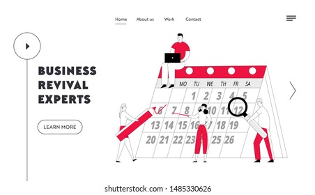 Time Management Website Landing Page. Businesspeople Team at Calendar Make Schedule of Affairs for Month, Work Planning Events, Business Meetings Web Page Banner. Cartoon Flat Vector Illustration