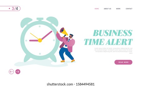 Time Management Website Landing Page. Business Man Company Boss Character Yelling to Megaphone Stand at Huge Clock Managing Working Process in Office Web Page Banner. Cartoon Flat Vector Illustration