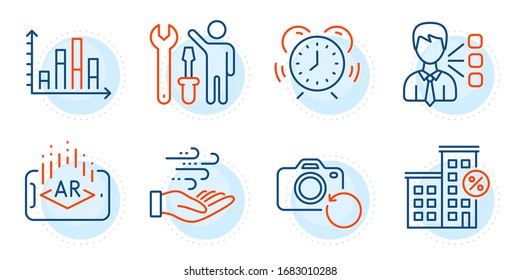 Time management, Wind energy and Recovery photo signs. Augmented reality, Repairman and Loan house line icons set. Diagram graph, Third party symbols. Phone simulation, Repair screwdriver. Vector