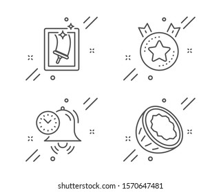 Time management, Window cleaning and Ranking star line icons set. Coconut sign. Alarm clock, Housekeeping service, Winner medal. Vegetarian nut. Business set. Line time management outline icon. Vector