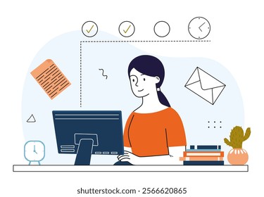 Time management woman. Businesswoman at computer makes list of tasks and deadlines. Organizing efficient work process. Calendar and to do list. Linear vector illustration