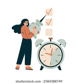 Time Management with Woman Character Check Box Organizing Efficient Business Process Vector Illustration