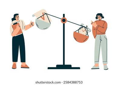 Time Management with Woman Character with Clock on Scales Organizing Efficient Business Process Vector Illustration