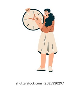 Time Management with Woman Character with Clock Organizing Efficient Business Process Vector Illustration