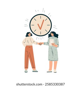 Time Management with Woman Character Handshake Organizing Efficient Business Process Vector Illustration