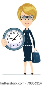 Time management. Woman character Holding Clock. Time management concept. Isolated on white background. Stock vector illustration