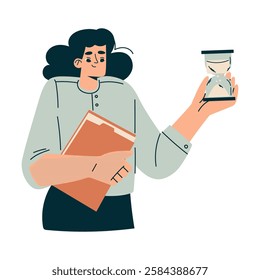 Time Management with Woman Character with Hourglass Organizing Efficient Business Process Vector Illustration