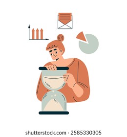 Time Management with Woman Character with Hourglass Organizing Efficient Business Process Vector Illustration