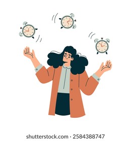 Time Management with Woman Character Juggle Clock Dial Organizing Efficient Business Process Vector Illustration