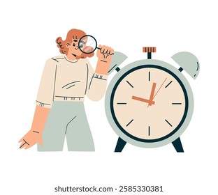 Time Management with Woman Character Look Clock with Magnifier Organizing Efficient Business Process Vector Illustration