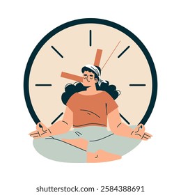 Time Management with Woman Character in Meditation Pose Organizing Efficient Business Process Vector Illustration