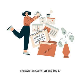 Time Management with Woman Character Organizing Efficient Business Process Vector Illustration