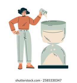 Time Management with Woman Character Pour Sand in Hourglass Organizing Efficient Business Process Vector Illustration