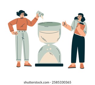 Time Management with Woman Character Pour Sand in Hourglass Organizing Efficient Business Process Vector Illustration