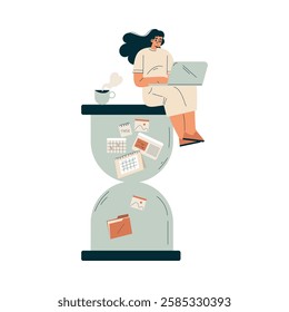 Time Management with Woman Character Sit on Hourglass with Laptop Organizing Efficient Business Process Vector Illustration