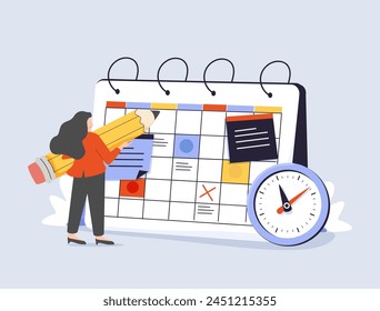 Time management woman concept. Young girl sitting near calendar. Planning and scheduling. Organization of effective work process. Hardworking entrepreneur. Cartoon flat vector illustration