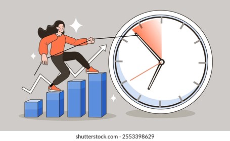 Time management. A woman pulls the minute hand backwards. Stop time concept. creative deadline solution. Business metaphor in case of lack of time. Flat cartoon vector outline illustration.