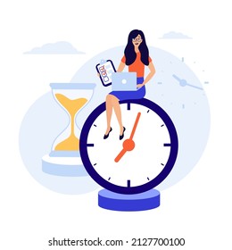 Time management, woman siting on the big clock, working on laptop and keeping notebook with to do list. Background with clouds and hourglass.