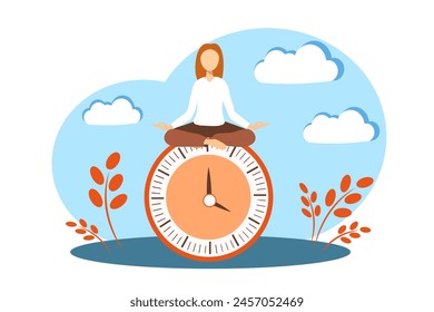 Time management. Woman sitting on the clock. 