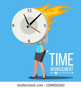 Time Management Woman Vector. Free Time. Control. Management. Business Illustration

