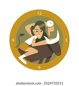 Time management woman. Young girl riding a bull with a watch on her hand and a frame of watches. Organizing an effective work process. Planning and scheduling meetings. Flat vector illustration.