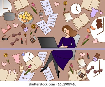 Time management for women, catch everything. Woman work. office work. Colorful illustration. Elegant woman. Environment. Woman life.