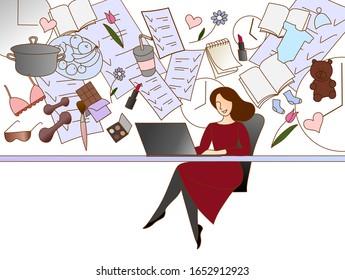 Time management for women, catch everything. Woman work. office work. Colorful illustration. Elegant woman. Environment. Woman life.