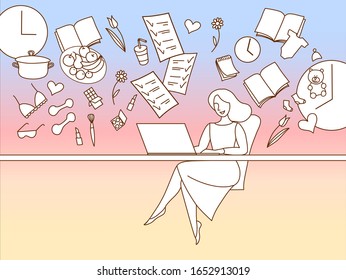 Time management for women, catch everything. Woman work. office work. Colorful illustration. Elegant woman. Environment. Woman life.