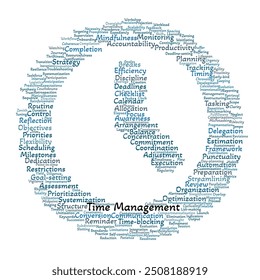 Time Management Word Cloud. Composition of Words Related to Time Management Skills, Techniques, and Strategies. Isolated White Background.