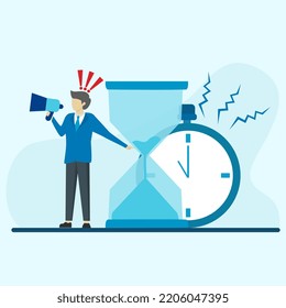 Time Management At Work, Businessman Holding Megaphone Standing Next To Big Hourglass As Deadline Symbol. Deadline Concept Planner Flat Vector Illustration Banner