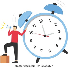 Time management at work, businessman holding megaphone standing next to big hourglass as deadline symbol. deadline concept planner flat vector illustration banner

