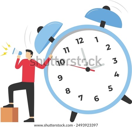 Time management at work, businessman holding megaphone standing next to big hourglass as deadline symbol. deadline concept planner flat vector illustration banner

