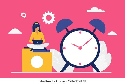 Time management work concept vector illustration. Cartoon tiny woman business office worker or manager character working with laptop, businesswoman sitting next to big deadline alarm clock background