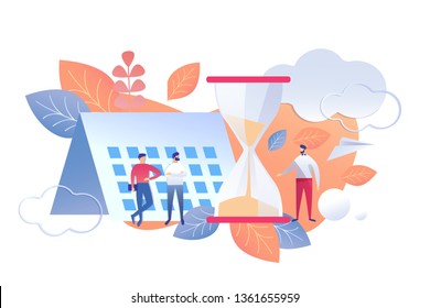 Time Management Work Day end Rule Flat Vector. Illustration Men Stand Background Calendar and Hourglass. Perform most Important Tasks Day. Coordination Terms with Colleagues and Superiors.