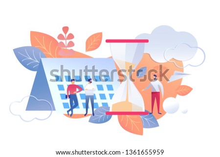 Time Management Work Day end Rule Flat Vector. Illustration Men Stand Background Calendar and Hourglass. Perform most Important Tasks Day. Coordination Terms with Colleagues and Superiors.