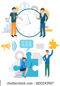 Time management, work deadline, man and woman workers communication with laptop. Company and brainstorming teamwork, marketing technology set vector