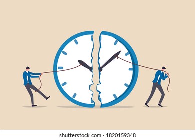 Time Management, Work Deadline Or Planning For Working Time Concept, Businessman Using Rope To Pull Minute And Hour Hand To Break The Clock Metaphor Of Effort To Manage Time For Multiple Projects.