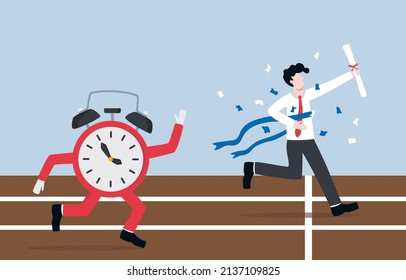 Time management for work efficency. Finishing work or project before run out of time. Smart businuessman crossed the finish line before time opponent.