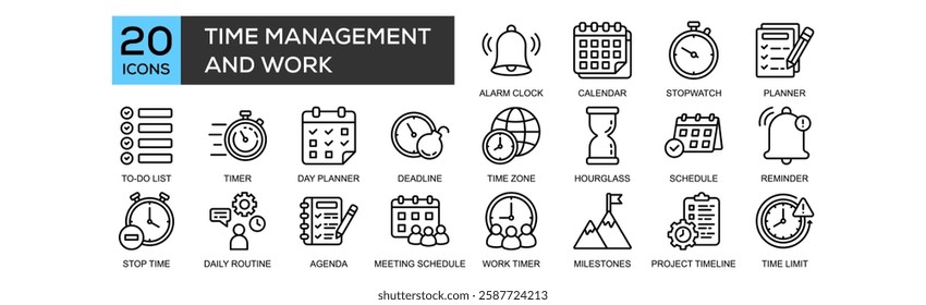 Time Management and Work icon collection set. Containing design Alarm Clock, Calendar, Stopwatch, Planner, To-Do List