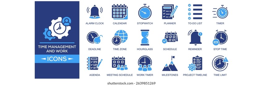 Time Management and Work icon set. Containing design Alarm Clock, Calendar, Stopwatch, Planner, To-Do List. Solid icon collection.