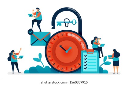 Time management at work, multitasking in managing time, security scheduling and business planning, stopwatch padlock lock, clock lock security. Vector illustration of website banner, software, poster