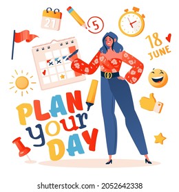Time management, work organization and life events, reminder memo, work monthly or yearly work plan. Female character circles date on calendar planning day. Time management.Cartoon vector illustration
